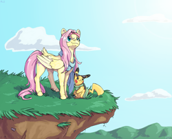 Size: 3391x2743 | Tagged: safe, artist:mylittlesonic, fluttershy, pegasus, pikachu, pony, g4, cliff, clothes, crossover, duo, female, folded wings, grass, hairband, high res, kamina sunglasses, looking away, looking up, mare, outdoors, pokémon, scarf, sky, smiling, standing, stray strand, sunglasses, tail, tail feathers, wings