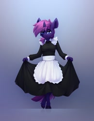 Size: 837x1080 | Tagged: safe, artist:n_thing, oc, oc only, oc:w, unicorn, anthro, unguligrade anthro, anthro oc, apron, blue eyes, breasts, cheek fluff, clothes, commission, curtsey, eyebrows, eyebrows visible through hair, eyelashes, female, gradient background, hooves, horn, looking at you, maid, mare, solo, standing, tail