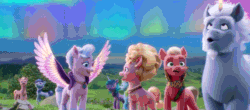 Size: 1450x640 | Tagged: safe, screencap, alphabittle blossomforth, aquamarine forsythia, laraha blossom, phyllis cloverleaf, queen haven, sprout cloverleaf, earth pony, pegasus, pony, unicorn, g5, my little pony: a new generation, spoiler:my little pony: a new generation, absurd file size, absurd gif size, animated, aurora borealis, beard, ear flick, emperor sprout, facial hair, female, flapping, flapping wings, gif, glowing, glowing horn, happy, horn, jewelry, lavender taffy, looking at each other, looking at self, looking at someone, magic, male, mare, maretime bay, mother and child, mother and son, nervous, scared, smiling, spread wings, stallion, unnamed character, unnamed pony, wings, worried
