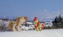 Size: 2048x1209 | Tagged: safe, photographer:pakapaka1993, autumn blaze, kirin, pony, g4, duo, irl, japan, photo, plushie, snow, winter