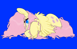 Size: 1280x820 | Tagged: safe, artist:summersplash, fluttershy, pegasus, pony, g4, blue background, covering face, crying, female, hair over one eye, hooves together, looking at you, lying down, mare, on side, sad, simple background, solo, spread wings, stray strand, teary eyes, wings, wings down