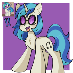 Size: 1280x1280 | Tagged: safe, artist:lolettecore, dj pon-3, vinyl scratch, pony, unicorn, abstract background, chest fluff, cute, ear piercing, exclamation point, eyebrows, eyebrows visible through hair, female, leg fluff, mare, open mouth, open smile, piercing, shading, signature, smiling, solo, standing, tail, two toned mane, two toned tail