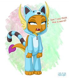 Size: 1000x1123 | Tagged: safe, artist:uotapo, smolder, dragon, g4, clothes, cosplay, costume, cute, dialogue, dragoness, dreamworks, fangs, female, hoodie, kigurumi, onesie, pajamas, sleepwear, smolder is not amused, smolderbetes, solo, the bad guys, unamused, weapons-grade cute