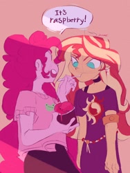 Size: 1536x2048 | Tagged: safe, artist:dreamz, pinkie pie, sunset shimmer, equestria girls, g4, belt, choker, clothes, duo, ear piercing, earring, eating, female, food, ice cream, jeans, jewelry, lesbian, open mouth, pants, piercing, ship:sunsetpie, shipping, shirt, spoon, t-shirt