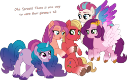 Size: 5588x3500 | Tagged: safe, artist:limedazzle, izzy moonbow, pipp petals, sprout cloverleaf, sunny starscout, zipp storm, earth pony, pegasus, pony, unicorn, g5, my little pony: a new generation, absurd resolution, bedroom eyes, blushing, female, flying, harem, hooves together, imminent sex, looking at each other, looking at someone, lucky bastard, male, mare, nervous, ship:cloverpetals, ship:cloverstorm, ship:izzysprout, ship:sunnyclover, shipping, shy, simple background, sitting, smiling, sprout gets all the mares, stallion, straight, text, transparent background