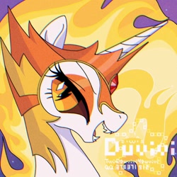 Size: 2000x2000 | Tagged: safe, artist:duvivi, daybreaker, alicorn, pony, g4, fangs, fire, high res, lidded eyes, looking at you, smiling, solo