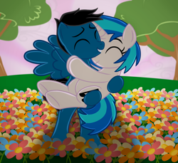 Size: 7200x6600 | Tagged: safe, artist:agkandphotomaker2000, dj pon-3, vinyl scratch, oc, oc:pony video maker, pegasus, pony, unicorn, bipedal, canon x oc, carrying, carrying in arms, female, flower field, hearts and hooves day, holiday, hug, male, shipping, show accurate, spread wings, standing, straight, tree, valentine's day, videoscratch, wings