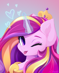 Size: 4000x5000 | Tagged: safe, artist:xsatanielx, princess cadance, alicorn, pony, g4, absurd resolution, bust, cute, cutedance, female, glowing, glowing horn, horn, one eye closed, open mouth, open smile, portrait, smiling, solo, wink