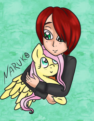 Size: 1024x1310 | Tagged: safe, artist:wrath-marionphauna, fluttershy, human, pegasus, g4, crossover, digital art, hug, looking at each other, miraculous ladybug, nathaniel kurtzberg, redraw, smiling, smiling at each other