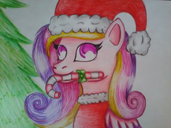 Size: 1600x1200 | Tagged: safe, artist:thebellajaydenart, princess cadance, alicorn, pony, g4, candy, candy cane, christmas, christmas tree, clothes, costume, food, hat, holiday, santa costume, santa hat, solo, traditional art, tree
