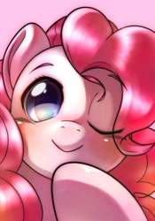 Size: 1430x2048 | Tagged: safe, artist:kurogewapony, pinkie pie, earth pony, pony, g4, blushing, close-up, cute, diapinkes, female, looking at you, mare, one eye closed, pink background, simple background, smiling, smiling at you, solo