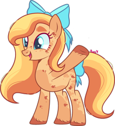 Size: 2164x2362 | Tagged: safe, artist:kurosawakuro, oc, oc only, earth pony, pony, bow, earth pony oc, female, full body, hair bow, high res, hooves, magical lesbian spawn, mare, offspring, open mouth, open smile, parent:applejack, parent:fluttershy, parents:appleshy, raised hoof, signature, simple background, smiling, solo, standing, tail, transparent background, unshorn fetlocks