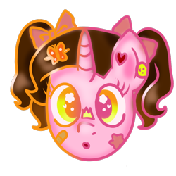 Size: 1000x1000 | Tagged: safe, artist:wrath-marionphauna, oc, oc only, oc:color breezie, pony, unicorn, bow, hair bow, hairpin, heart, kidcore, patch, pigtails, simple background, solo, stars, sticker, transparent background, twintails