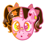 Size: 1000x1000 | Tagged: safe, artist:wrath-marionphauna, oc, oc only, oc:color breezie, unicorn, bow, hair bow, hairpin, heart, kidcore, patch, pigtails, simple background, solo, stars, sticker, transparent background, twintails