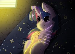 Size: 2800x2000 | Tagged: safe, artist:valkiria, twilight sparkle, alicorn, human, pony, g4, bed, bellyrubs, blanket, cute, female, hand, high res, mare, offscreen character, solo, twiabetes, twilight sparkle (alicorn)