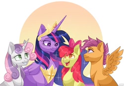 Size: 1080x748 | Tagged: safe, artist:nitenugget, apple bloom, scootaloo, sweetie belle, twilight sparkle, alicorn, earth pony, pegasus, pony, unicorn, g4, the last problem, abstract background, crown, cutie mark crusaders, ethereal mane, female, jewelry, looking at each other, looking at someone, mare, older, older apple bloom, older cmc, older scootaloo, older sweetie belle, older twilight, older twilight sparkle (alicorn), open mouth, open smile, peytral, princess twilight 2.0, regalia, simple background, smiling, starry mane, twilight sparkle (alicorn), white background