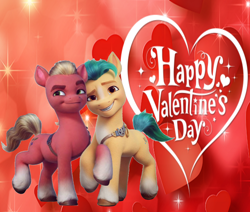 Size: 1174x994 | Tagged: safe, edit, editor:rozyfly10, hitch trailblazer, sprout cloverleaf, earth pony, pony, g5, my little pony: a new generation, gay, heart, heart background, hearts and hooves day, holding hooves, holiday, male, ship:clovertrail, shipping, smiling, stallion, valentine's day