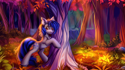 Size: 4444x2500 | Tagged: safe, artist:youth_roses, oc, oc only, oc:aerial ace, earth pony, pony, autumn, bush, commission, ear fluff, ear tufts, eyebrows, forest, grass, high res, looking at you, male, outdoors, smiling, smiling at you, solo, stallion, tree, unshorn fetlocks, wallpaper