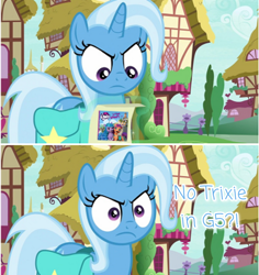 Size: 1080x1144 | Tagged: safe, edit, edited screencap, screencap, izzy moonbow, sunny starscout, trixie, earth pony, pony, unicorn, g4, g5, my little pony: a new generation, student counsel, angry, angry eyes, caption, female, glare, image macro, mare, meme, reaction image, special eyes, text, trixie is not amused, unamused, what the fuck am i reading
