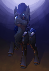 Size: 2800x4000 | Tagged: safe, artist:stardustspix, oc, oc only, cyborg, earth pony, pony, abstract background, amputee, black coat, blue mane, freckles, looking up, prosthetic eye, prosthetic leg, prosthetic limb, prosthetics, raised hoof, solo