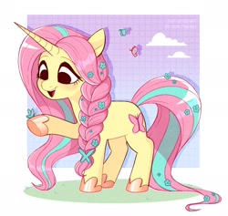 Size: 2204x2087 | Tagged: safe, artist:syrupyyy, fluttershy, butterfly, pony, unicorn, g4, alternate hairstyle, commission, cute, female, fluttershy (g5 concept leak), g5 concept leak style, g5 concept leaks, grass, high res, hoof shoes, mare, open mouth, shyabetes, solo, unicorn fluttershy