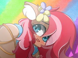 Size: 1280x961 | Tagged: safe, artist:grithcourage, oc, oc only, earth pony, pony, cute, deviantart watermark, ear fluff, female, flower, flower in hair, obtrusive watermark, rainbow, simple background, solo, watermark