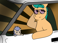 Size: 770x568 | Tagged: source needed, safe, artist:str8aura-draws-horses-and-stuff, hitch trailblazer, earth pony, hedgehog, pony, twilight sparkle's secret shipfic folder, g5, my little pony: a new generation, car, driving, leaning, male, stallion, sunglasses, voice actor joke