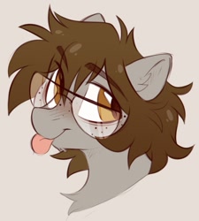 Size: 785x872 | Tagged: safe, artist:crimmharmony, oc, oc only, oc:stitched laces, pony, :p, freckles, glasses, male, simple background, solo, stallion, tongue out