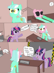 Size: 1280x1735 | Tagged: safe, artist:alyssafire, artist:nightshadowmlp, lyra heartstrings, twilight sparkle, alicorn, pony, unicorn, comic:five am at pinkie's: the prequel, g4, butt, button, comic, female, five am at freddy's, five nights at freddy's, horn, implied pinkie pie, light, mare, mask, onomatopoeia, plot, raised hoof, scared, screaming, text, twilight sparkle (alicorn), waving, wearing a mask