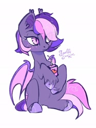 Size: 1532x2048 | Tagged: safe, artist:faultsunrise, oc, oc only, oc:midnight mist, bat pony, pony, bat pony oc, juice, juice box, lidded eyes, purple mane, simple background, sitting, solo, unshorn fetlocks, white background