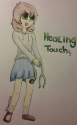 Size: 600x973 | Tagged: safe, artist:fantaslily32, oc, oc only, oc:healing touch, equestria girls, g4, clothes, hoodie, skirt, solo, stethoscope, traditional art