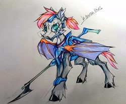 Size: 3330x2750 | Tagged: safe, artist:creature.exist, oc, bat pony, pony, armor, band, bat pony oc, bat wings, cloven hooves, cyan eyes, ear fluff, fluffy, gun, hairband, high res, photo, rifle, solo, standing, unshorn fetlocks, weapon, wings