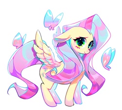 Size: 1384x1240 | Tagged: safe, artist:zzf211, fluttershy, butterfly, pegasus, pony, g4, blushing, cute, female, floppy ears, mare, shyabetes, simple background, solo, white background
