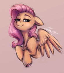 Size: 1631x1855 | Tagged: safe, artist:buttersprinkle, fluttershy, pegasus, pony, g4, colored sketch, female, floppy ears, lidded eyes, mare, signature, simple background, smiling, smirk, smug, smugshy, solo, spread wings, unshorn fetlocks, wings