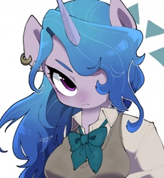 Size: 1748x1900 | Tagged: safe, artist:potetecyu_to, izzy moonbow, unicorn, anthro, g5, my little pony: a new generation, ear piercing, earring, female, hair over one eye, jewelry, looking at you, mare, piercing, simple background, solo, sweater vest, white background