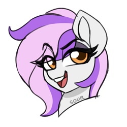 Size: 2000x2000 | Tagged: safe, artist:sickly-sour, oc, oc only, oc:mewio, pony, bust, eye clipping through hair, eyebrows, eyebrows visible through hair, high res, lidded eyes, open mouth, open smile, portrait, signature, simple background, smiling, solo, two toned mane, white background