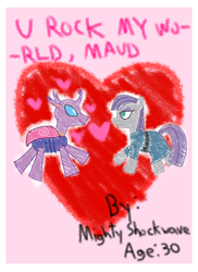 Size: 800x1100 | Tagged: safe, artist:mightyshockwave, maud pie, oc, oc:maxilla, changedling, changeling, g4, canon x oc, changedling oc, changeling oc, crayon, heart, hearts and hooves day