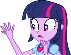 Size: 1280x994 | Tagged: safe, edit, edited screencap, editor:homersimpson1983, screencap, twilight sparkle, human, equestria girls, g4, my little pony equestria girls, background removed, backpack, blouse, bowtie, breasts, clothes, female, hair, hand on face, looking at self, nervous, not a vector, open mouth, puffy sleeves, simple background, solo, teenager, transparent background, wide eyes