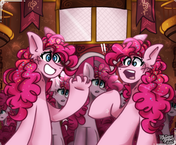 Size: 3400x2800 | Tagged: safe, artist:its_sunsetdraws, pinkie pie, earth pony, pony, g4, too many pinkie pies, cheek fluff, colored lineart, confetti, detailed, digital art, fanart, high res, poofy mane, screenshot redraw