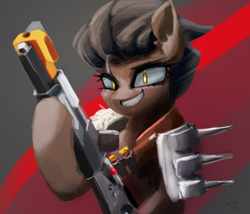 Size: 2528x2160 | Tagged: safe, artist:rainsketch, pony, abstract background, ammunition, apex legends, armor, bandolier, clothes, female, gun, high res, ponified, shotgun shell, solo, spiked armor, weapon