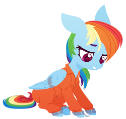 Size: 3171x3000 | Tagged: safe, artist:belka-sempai, rainbow dash, pegasus, pony, g4, clothes, commission, commissioner:rainbowdash69, cuffed, cuffs, high res, looking down, never doubt rainbowdash69's involvement, prison outfit, prisoner, prisoner rd, shackles, simple background, solo, transparent background, wing cuffs