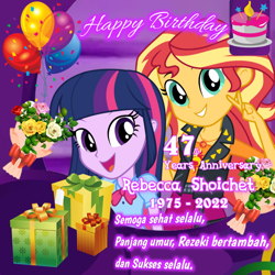 Size: 850x850 | Tagged: safe, sunset shimmer, twilight sparkle, equestria girls, g4, my little pony equestria girls: better together, anniversary, grin, happy birthday, indonesia, peace sign, rebecca shoichet, smiling