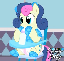 Size: 900x863 | Tagged: safe, artist:mommymidday, bon bon, sweetie drops, earth pony, pony, g4, abdl, adult foal, baby bottle, booties, chair, clothes, curly hair, diaper, diaper fetish, drinking, female, fetish, highchair, mare, milk, non-baby in diaper, pigtails, polka dots, poofy diaper, scrunchie, shirt, show accurate, signature, solo