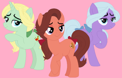 Size: 656x422 | Tagged: safe, artist:sturk-fontaine, dear darling, fond feather, swoon song, earth pony, pegasus, pony, unicorn, g4, base used, bimbettes, bow, colored background, pink background, simple background, tail, tail bow