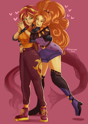 Size: 1240x1754 | Tagged: safe, artist:nire, adagio dazzle, sunset shimmer, equestria girls, g4, bedroom eyes, boots, clothes, duo, duo female, embrace, eyeshadow, female, high heel boots, holding hands, hug, hug from behind, jacket, lesbian, lipstick, looking at each other, looking at someone, makeup, nail polish, ship:sunsagio, shipping, shoes, shorts, smiling, spiked headband, spiked wristband, tail, wristband