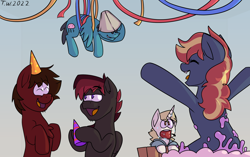 Size: 2238x1408 | Tagged: safe, artist:beefgummies, oc, oc only, oc:beef gummies, oc:blood clot, oc:fat jellyfish, oc:sweeden, oc:the magical pony dude, earth pony, pegasus, pony, unicorn, apple bobbing, barrel, birthday, curly mane, eyes closed, food, frosting, hat, lampshade, lampshade hat, laughing, lidded eyes, ocs everywhere, party, party hat, popping out of a cake, streamers, two toned mane, wingding eyes