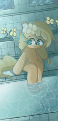 Size: 800x1666 | Tagged: safe, artist:grithcourage, oc, oc only, oc:grith courage, earth pony, semi-anthro, arm hooves, bath, bust, cute, ear fluff, earth pony oc, eye clipping through hair, eyebrows, eyebrows visible through hair, female, flower, flower in hair, legs in the water, looking sideways, mare, night, ocbetes, portrait, simple background, sitting, solo, wallpaper, water