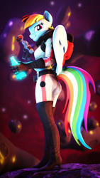 Size: 4320x7680 | Tagged: safe, artist:lagmanor, rainbow dash, pegasus, anthro, plantigrade anthro, g4, 3d, absurd file size, absurd resolution, ass, asteroid, butt, fallout, female, grin, jetpack, looking at you, looking back, looking back at you, mare, nebula, nuka cola, nuka cola quantum, nuka girl, ponified, rainbutt dash, smiling, smiling at you, solo, source filmmaker, space, spacesuit, stars, tail, vignette