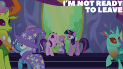 Size: 1920x1080 | Tagged: safe, edit, edited screencap, editor:quoterific, screencap, cornicle, starlight glimmer, thorax, trixie, twilight sparkle, alicorn, changedling, changeling, pony, unicorn, celestial advice, g4, season 7, cape, clothes, female, hat, king thorax, male, mare, nose in the air, open mouth, trixie's cape, trixie's hat, twilight sparkle (alicorn), twilight's castle