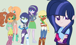 Size: 1382x810 | Tagged: safe, artist:daisy-lemur101, oc, oc only, dracony, hybrid, equestria girls, g4, base used, boots, braid, clothes, cowboy boots, crossed arms, female, freckles, gloves, green background, group, hand on hip, hands behind back, horn, interspecies offspring, jeans, long gloves, long hair, long sleeves, offspring, pants, parent:applejack, parent:big macintosh, parent:cheese sandwich, parent:flash sentry, parent:fluttershy, parent:pinkie pie, parent:rainbow dash, parent:rarity, parent:soarin', parent:spike, parent:trouble shoes, parent:twilight sparkle, parents:cheesepie, parents:flashlight, parents:fluttermac, parents:soarindash, parents:sparity, parents:troublejack, platform shoes, ponytail, shirt, shoes, short sleeves, simple background, skirt, smiling, stockings, sweater, thigh highs